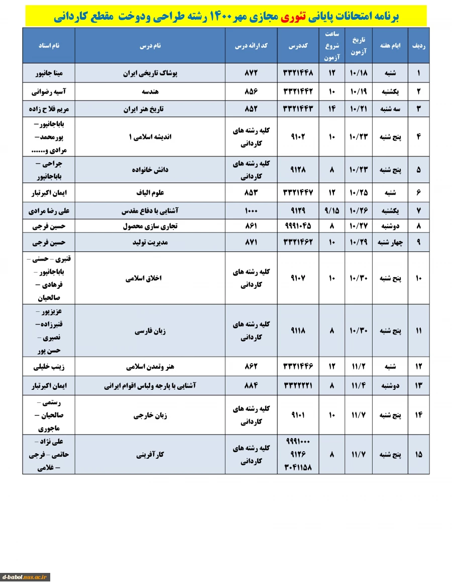 قابل توجه کلیه  دانشجویان محترم 

برنامه امتحانات پایانی تئوری مجازی نیمسال اول  سال 1401-1400
 2