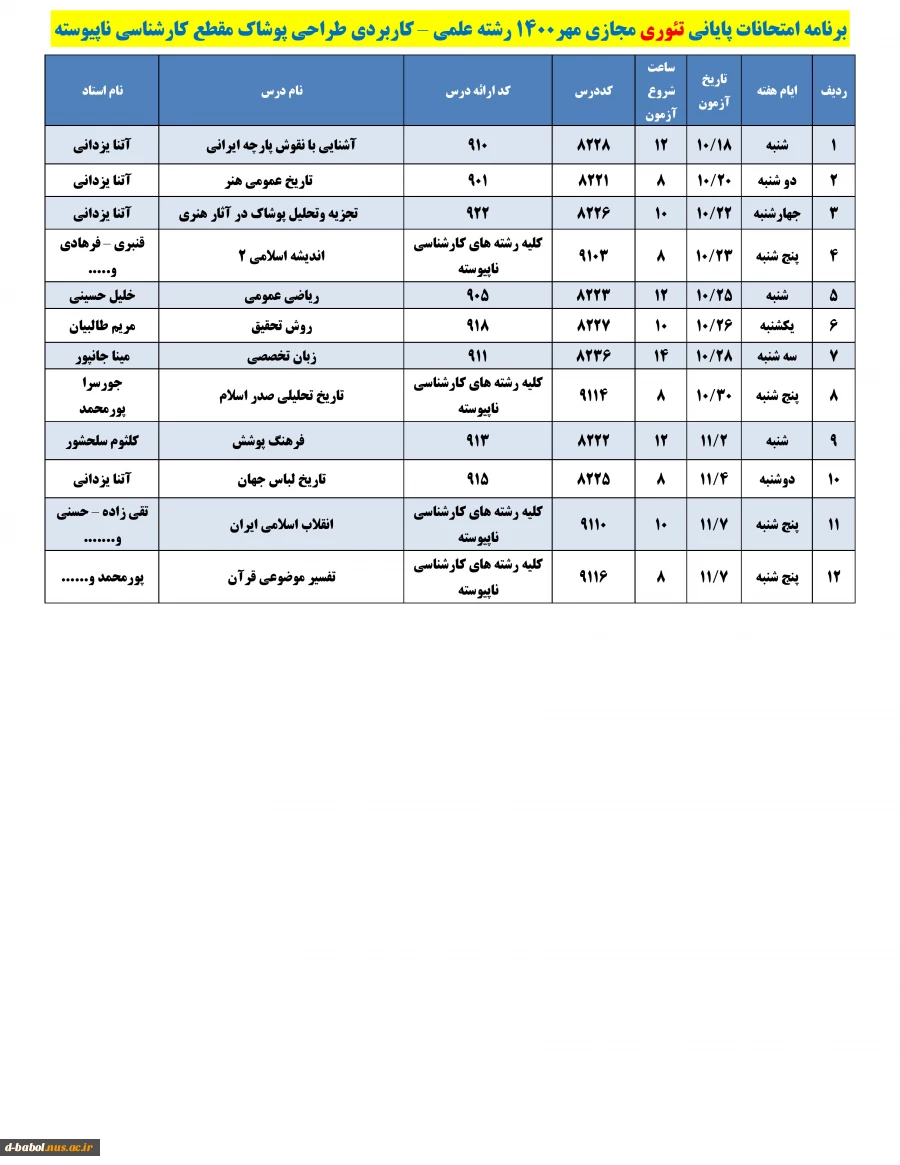 قابل توجه کلیه  دانشجویان محترم 

برنامه امتحانات پایانی تئوری مجازی نیمسال اول  سال 1401-1400
 2