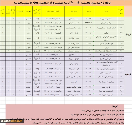 قابل توجه کلیه دانشجویان محترم

برنامه دروس  نیمسال دوم سال 1400 24