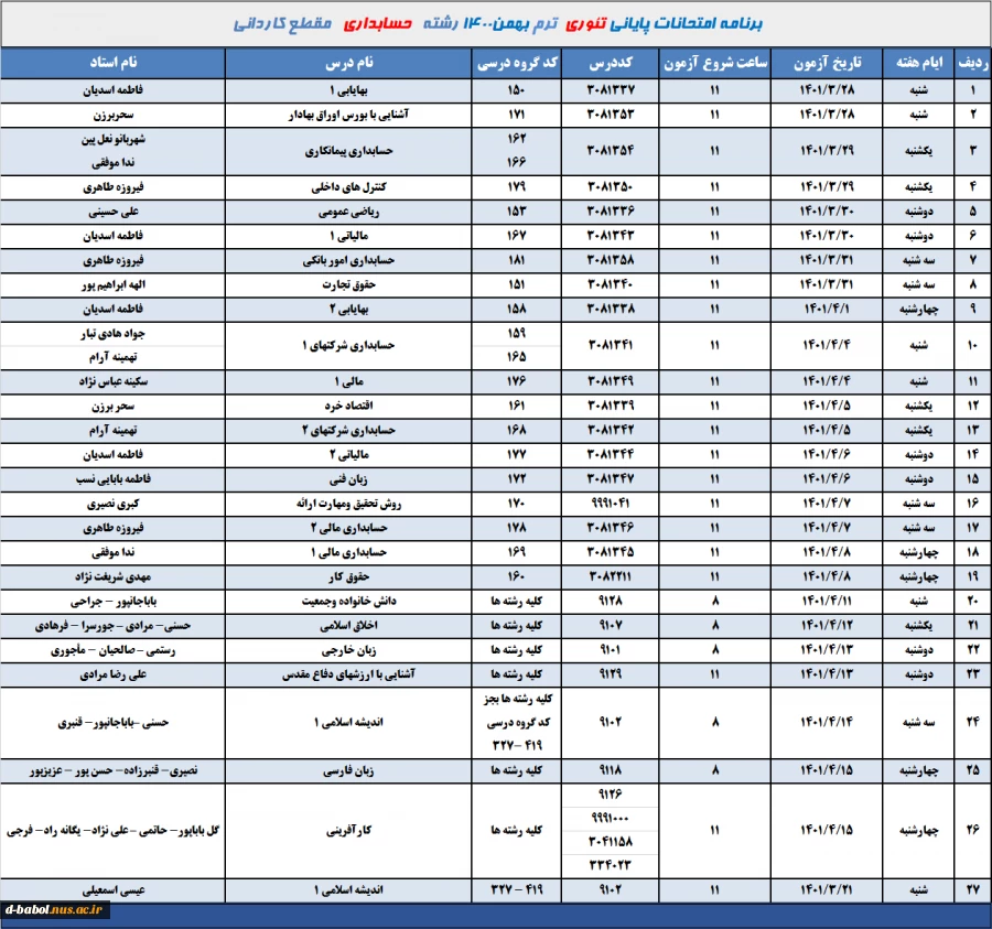 برنامه انتحانات تئوری رشته حسابداری ترم 002