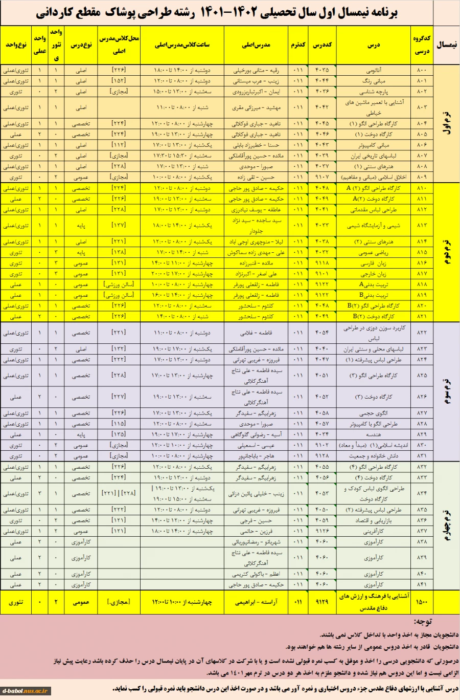 قابل توجه کلیه  دانشجویان محترم 

برنامه دروس نیمسال اول 1402-1401
 4