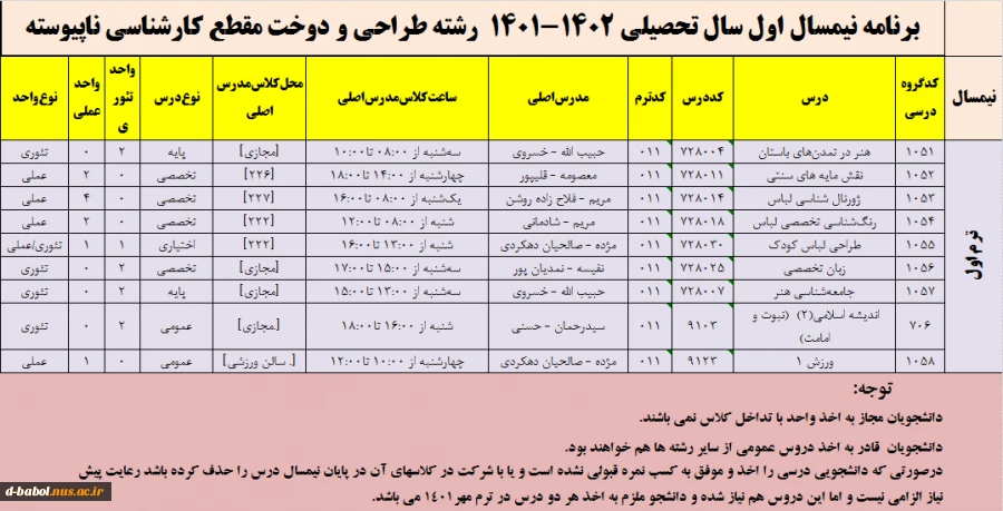قابل توجه کلیه  دانشجویان محترم 

برنامه دروس نیمسال اول 1402-1401
 8