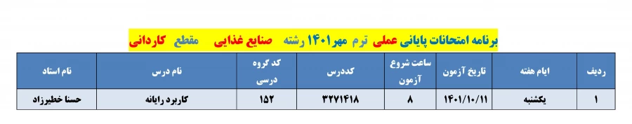 برنامه امتحانات عملی  ترم 011 9