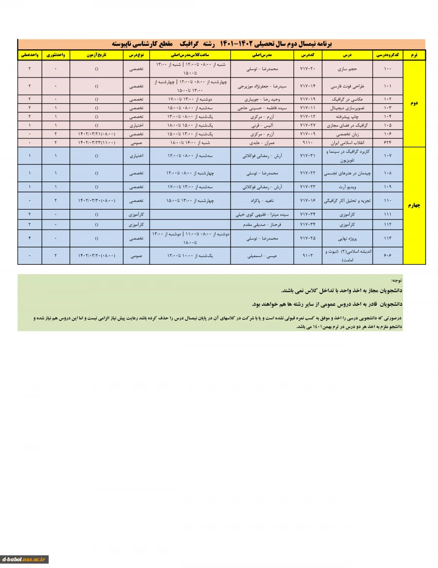 برنامه دروس نیمسال دوم 1402-1401 7برنامه دروس نیمسال دوم 1402-1401 8برنامه دروس نیمسال دوم 1402-1401 9برنامه دروس نیمسال دوم 1402-1401 10برنامه دروس نیمسال دوم 1402-1401 11برنامه دروس نیمسال دوم 1402-1401 12