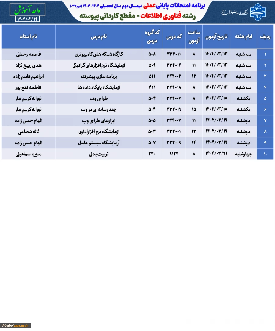 برنامه امتحانات عملی ترم 032 4