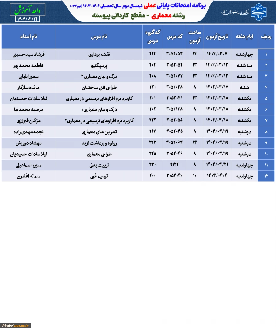 برنامه امتحانات عملی ترم 032 7