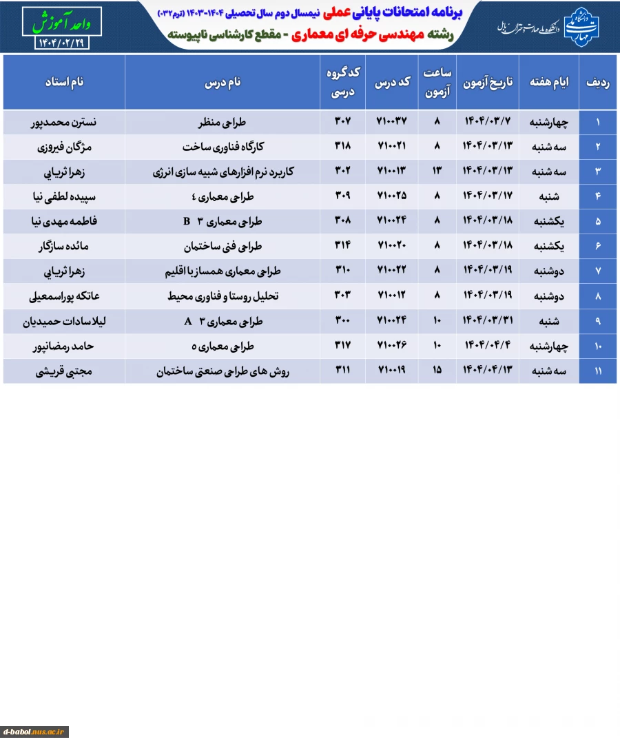 برنامه امتحانات عملی ترم 032 8