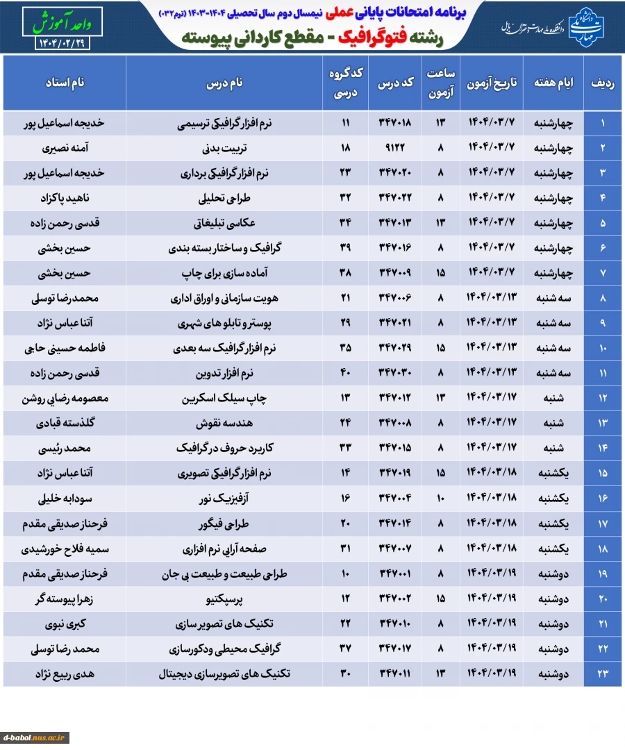 برنامه امتحانات عملی ترم 032 15