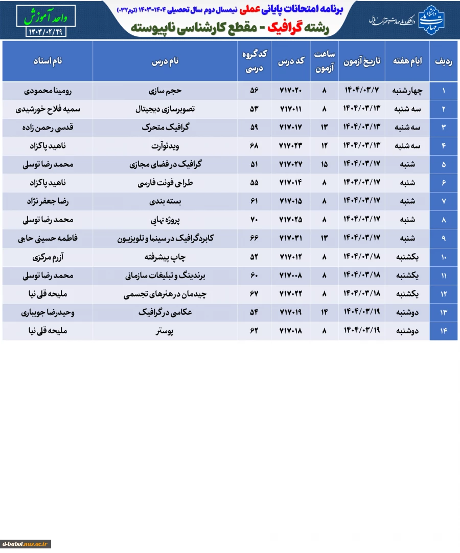 برنامه امتحانات عملی ترم 032 16