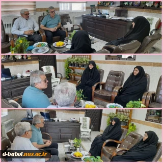 نشست خانم دکتر ابویی رئیس آموزشکده دختران بابل با آقای ابراهیم پور فرزند خیر آموزشکده مرحوم حاج آقا ابراهیم پور و مسئولین امور دانشجویی فرهنگی در اتاق ریاست آموزشکده ملی مهارت دختران بابل