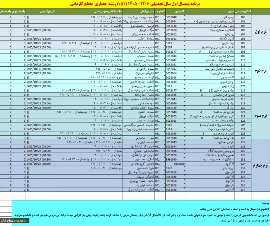 اطلاعیه انتخاب واحد نیمسال اول سال 1406-1405 8